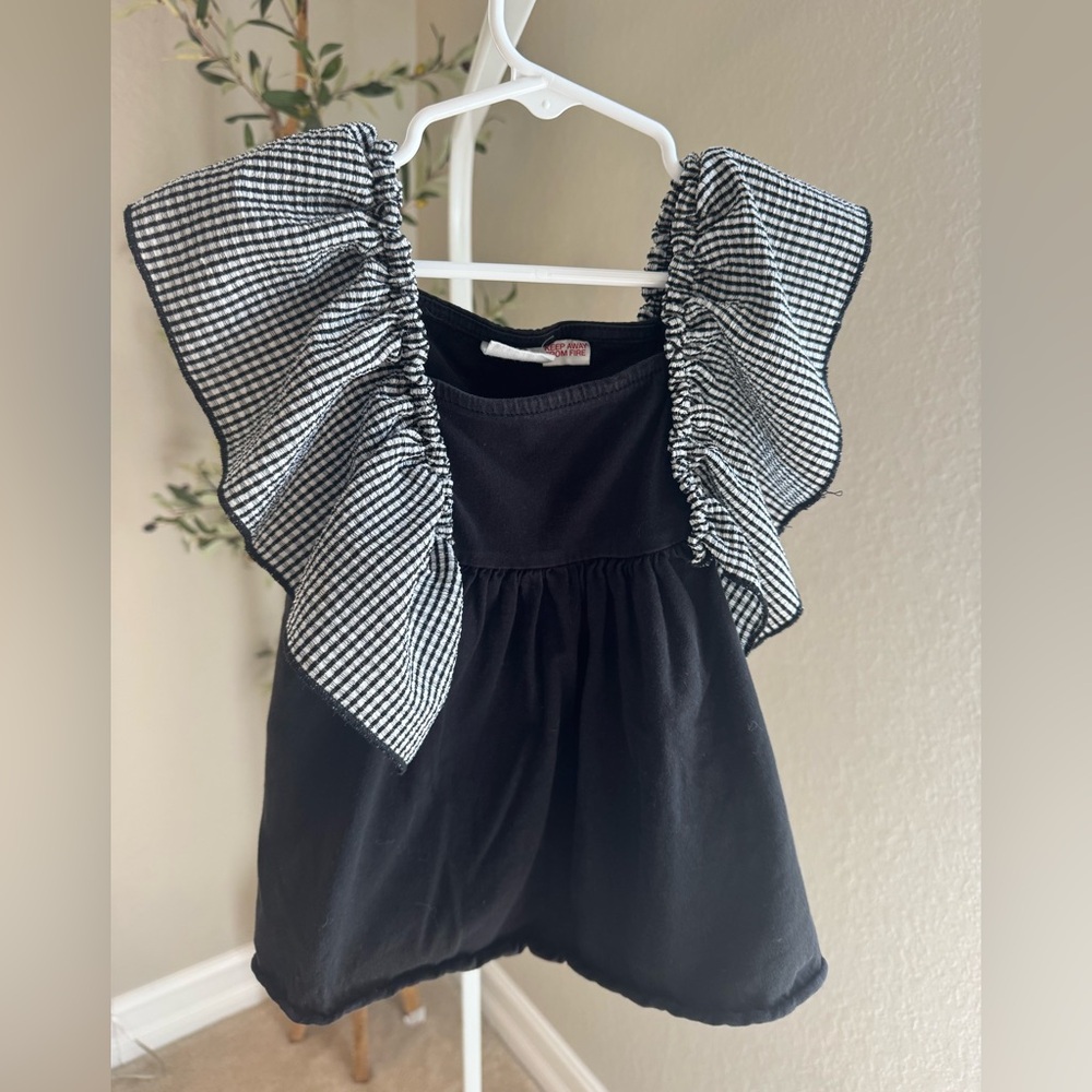 Black Top with Gingham Ruffle Sleeves